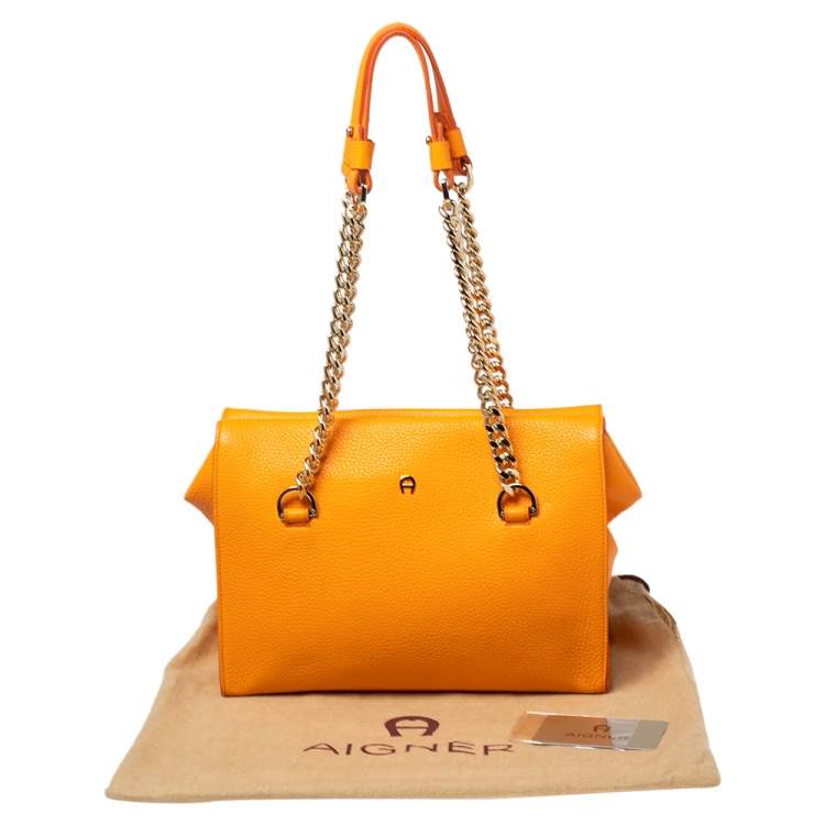 Pre Owned Aigner Tangerine Leather Chain Shoulder Bag 