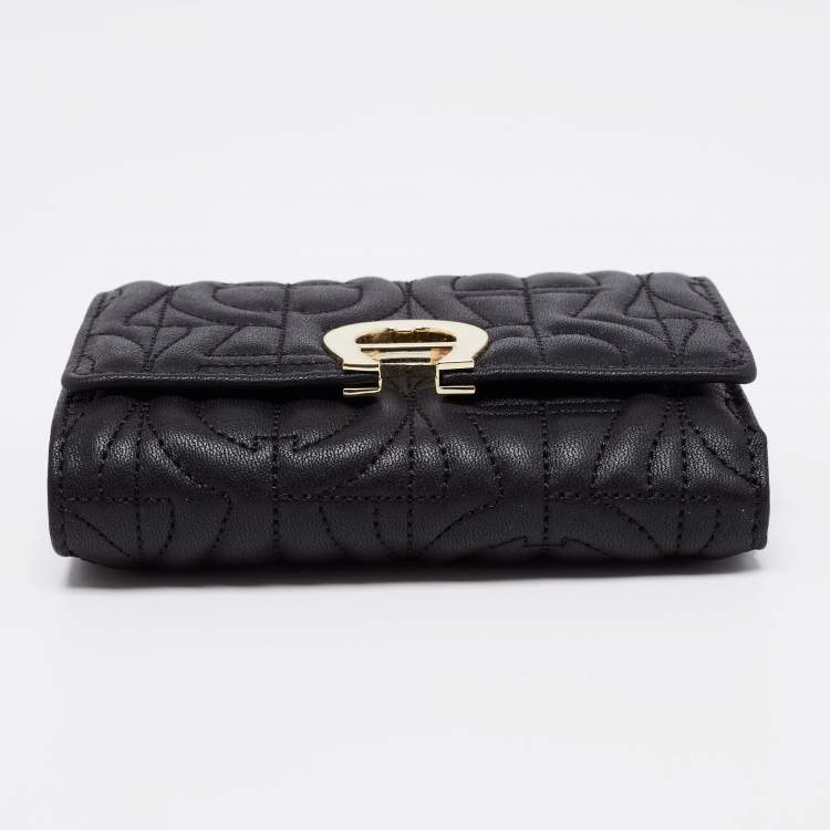 Pre Owned Aigner Black Leather Pria Trifold Wallet