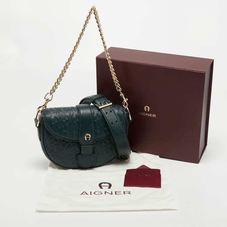 Pre Owned Aigner Green Embossed Leather Mini Calla Crossbody Bag