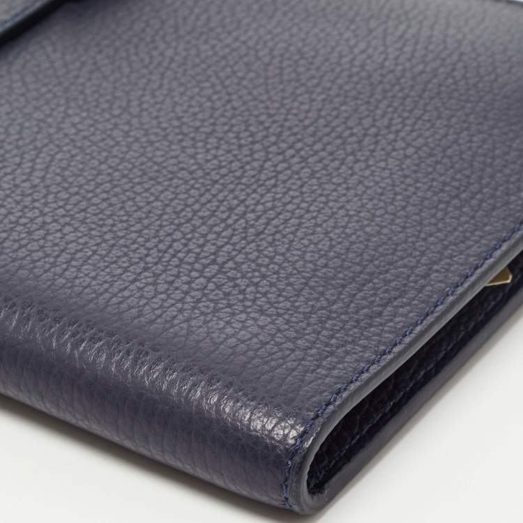 Pre Owned Aigner Navy Blue Leather Logo Flap Organizer Clutch