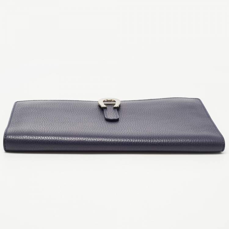 Pre Owned Aigner Navy Blue Leather Logo Flap Organizer Clutch