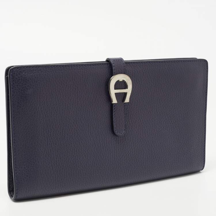 Pre Owned Aigner Navy Blue Leather Logo Flap Organizer Clutch