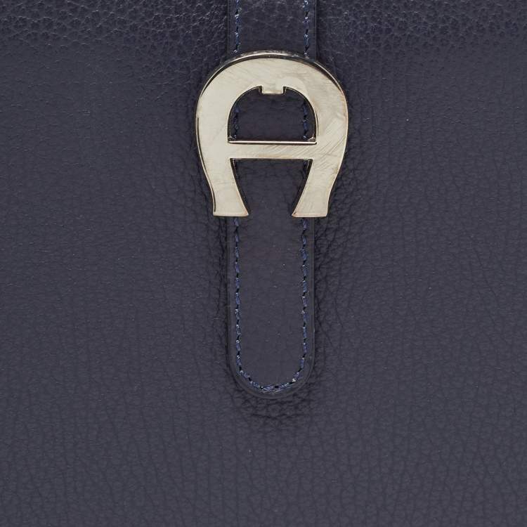 Pre Owned Aigner Navy Blue Leather Logo Flap Organizer Clutch