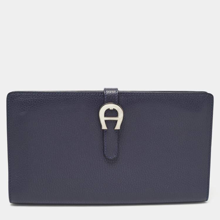 Pre Owned Aigner Navy Blue Leather Logo Flap Organizer Clutch