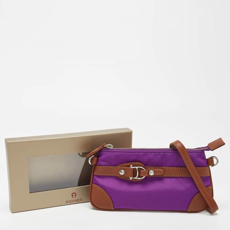 Pre Owned Aigner Purple/Brown Nylon and Leather Buckle Clutch Bag
