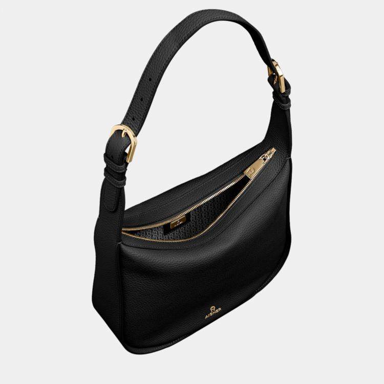 Pre Owned Aigner Black shiny light gold Metal Ivy Hobo Bag Black