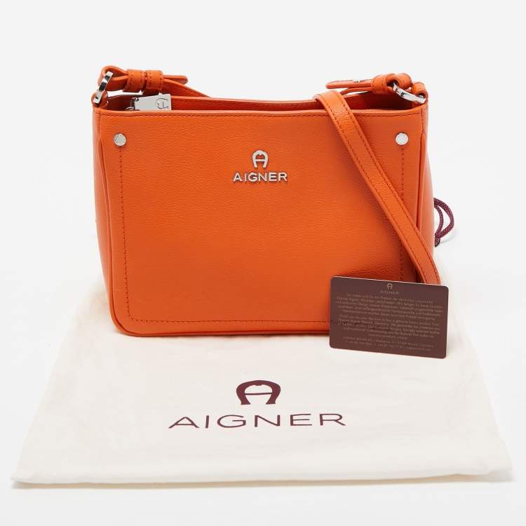 Pre Owned Aigner Orange Leather Logo Crossbody Bag
