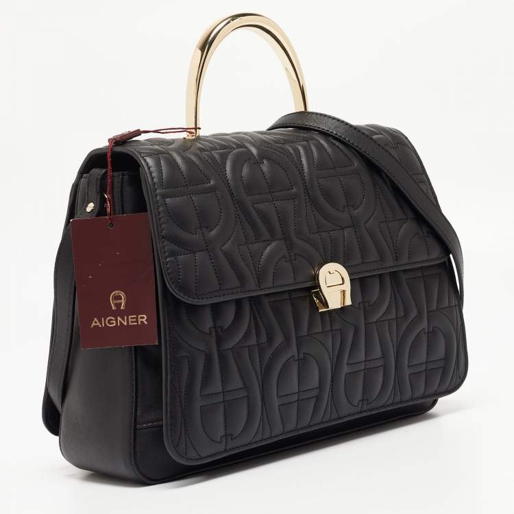 Pre Owned Aigner Black Signature Leather Genoveva Top Handle Bag