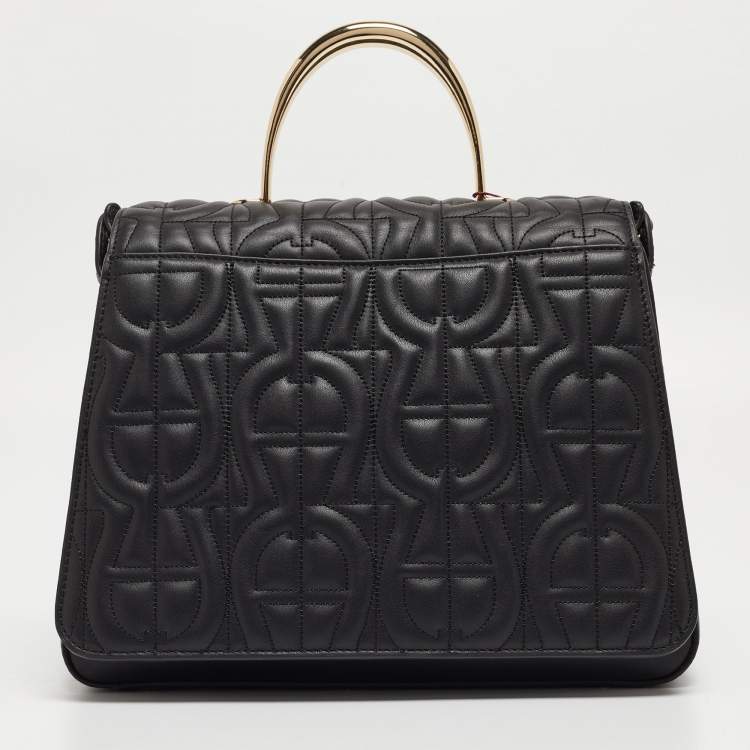 Pre Owned Aigner Black Signature Leather Genoveva Top Handle Bag
