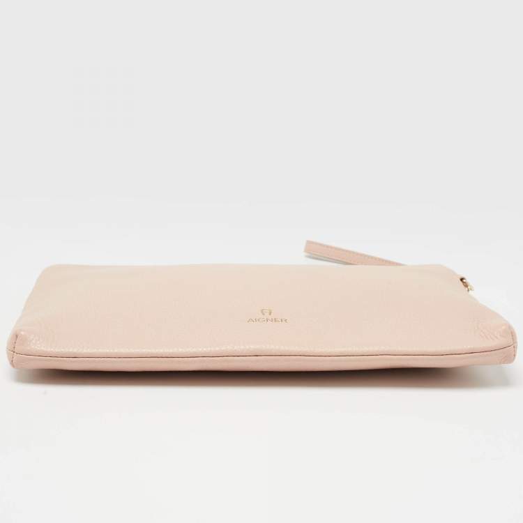 Pre Owned Aigner Light Pink Leather Zip Flat Pouch