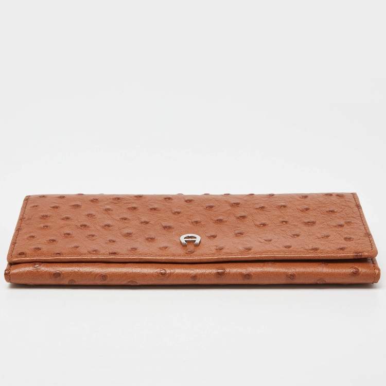 Pre Owned Aigner Tan Ostrich Embossed Leather Flap Continental Wallet