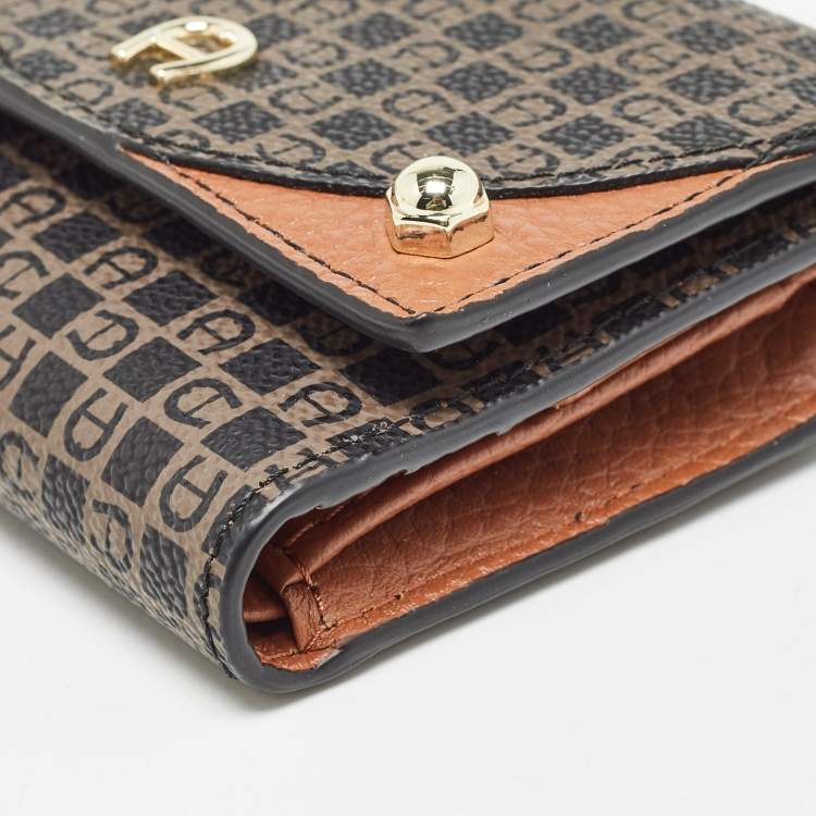 Pre Owned Aigner Brown Signature Coated Canvas Trifold Wallet