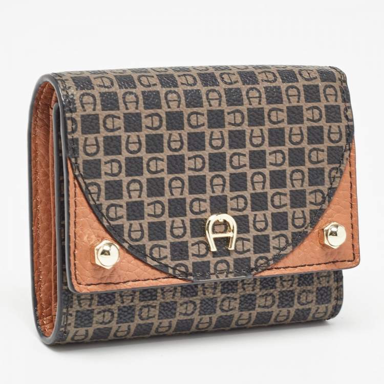 Pre Owned Aigner Brown Signature Coated Canvas Trifold Wallet