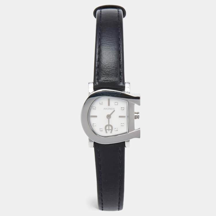 Pre Owned Aigner White Mother of Pearl Stainless Steel Leather Genua Due A31000 Women's Wristwatch 26 mm