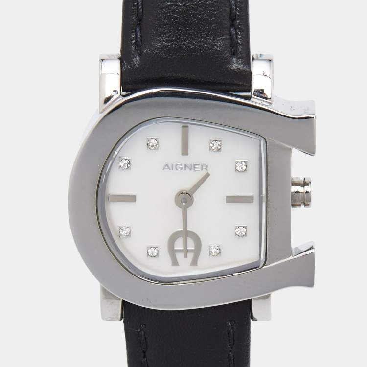 Pre Owned Aigner White Mother of Pearl Stainless Steel Leather Genua Due A31000 Women's Wristwatch 26 mm