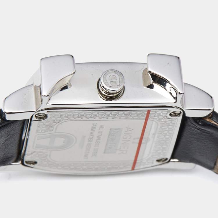 Pre Owned Aigner White Mother of Pearl Stainless Steel Leather Genua Due A31000 Women's Wristwatch 26 mm