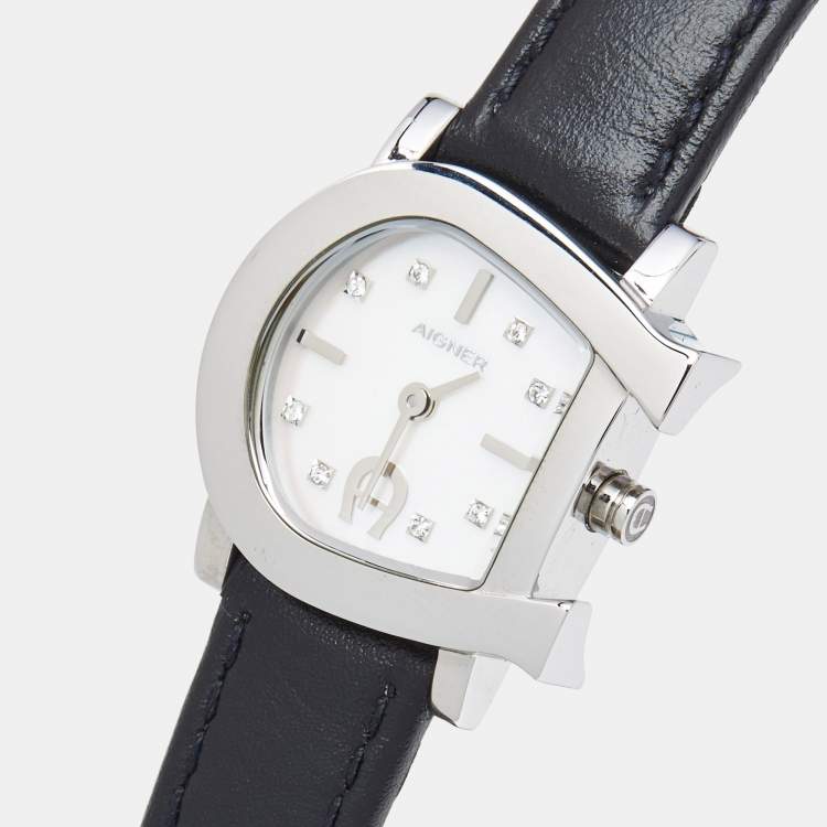 Pre Owned Aigner White Mother of Pearl Stainless Steel Leather Genua Due A31000 Women's Wristwatch 26 mm