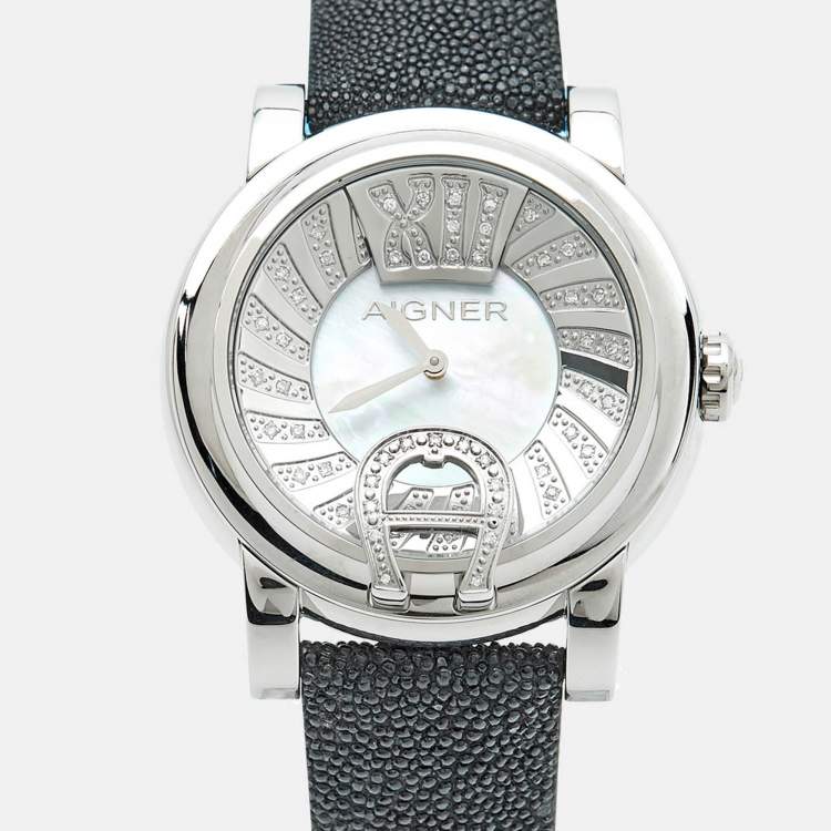 Pre Owned Aigner Bari Donna A37209 Mother Of Pearl Diamond Stainless Steel Stingray Leather Women's Wristwatch 42 mm