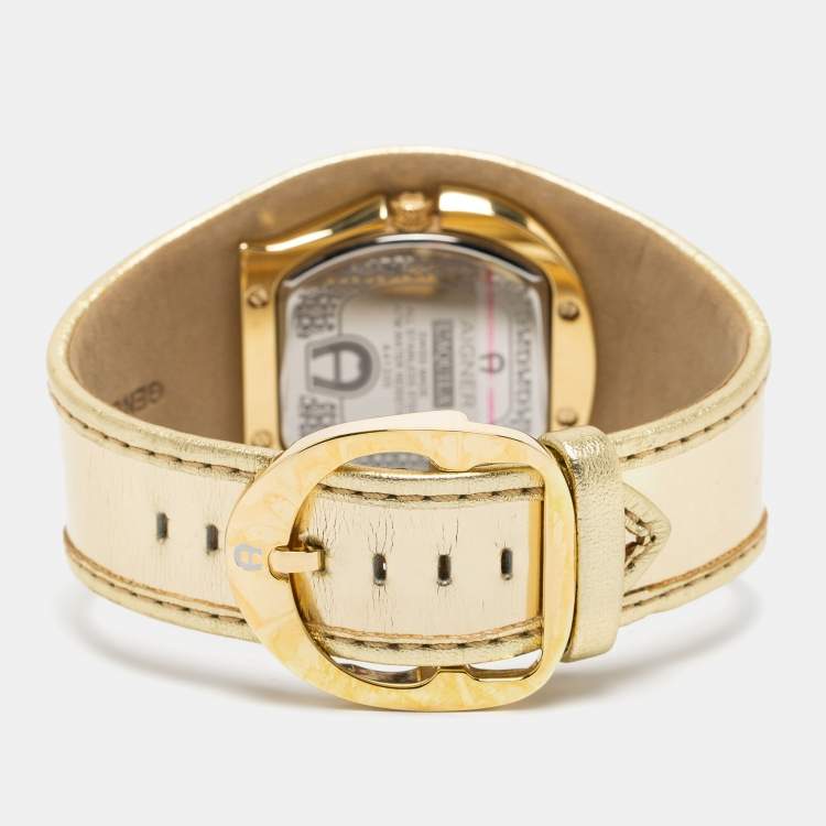 Pre Owned Aigner Champagne Gold Plated Stainless Steel Leather L'Aquila A41200 Women's Wristwatch 36 mm