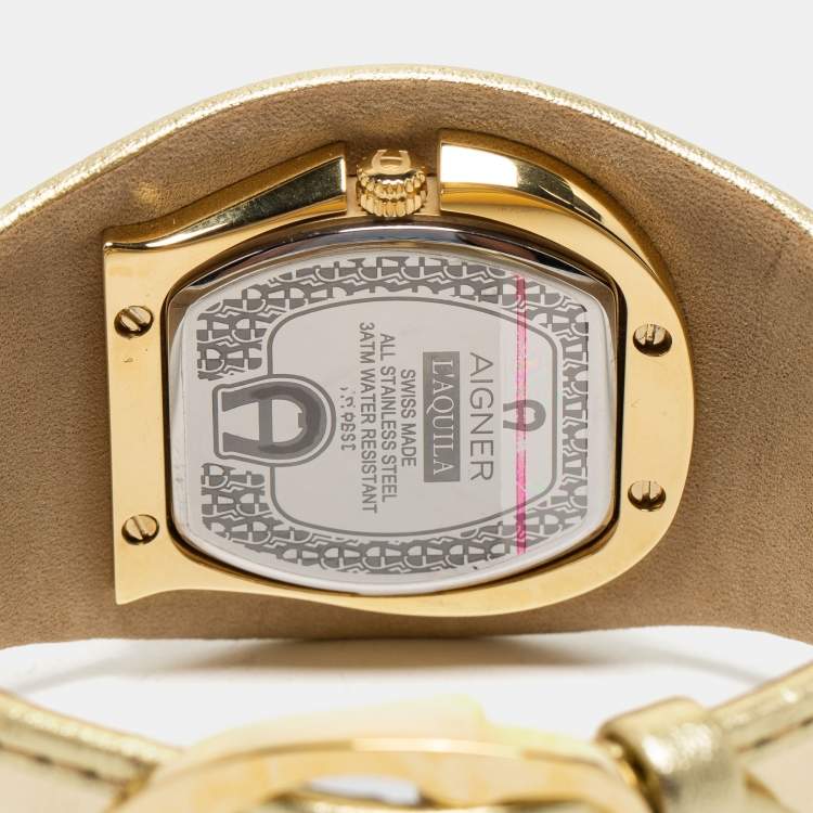Pre Owned Aigner Champagne Gold Plated Stainless Steel Leather L'Aquila A41200 Women's Wristwatch 36 mm