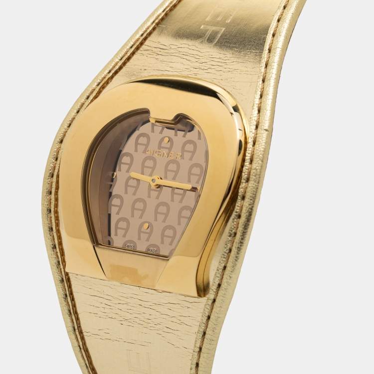 Pre Owned Aigner Champagne Gold Plated Stainless Steel Leather L'Aquila A41200 Women's Wristwatch 36 mm