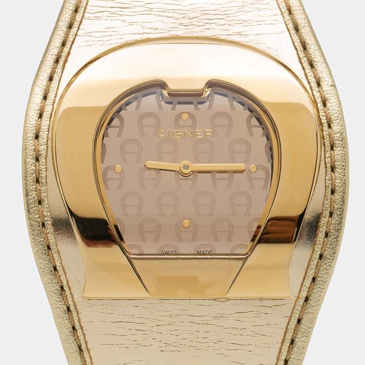 Pre Owned Aigner Champagne Gold Plated Stainless Steel Leather L'Aquila A41200 Women's Wristwatch 36 mm