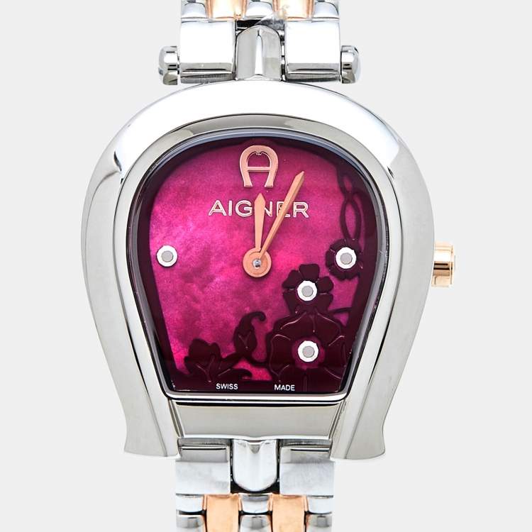 Pre Owned Aigner Burgundy Mother of Pearl Two Tone Stainless Steel Perugina LG21513 Women's Wristwatch 26 mm