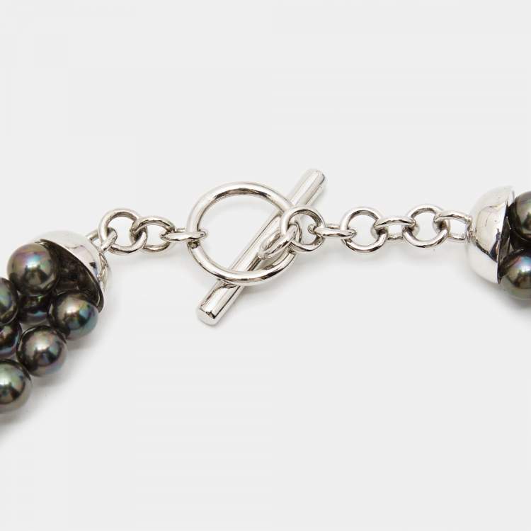 Pre Owned Aigner Logo Crystals Black Faux Pearls Silver Tone  Multistrand Necklace