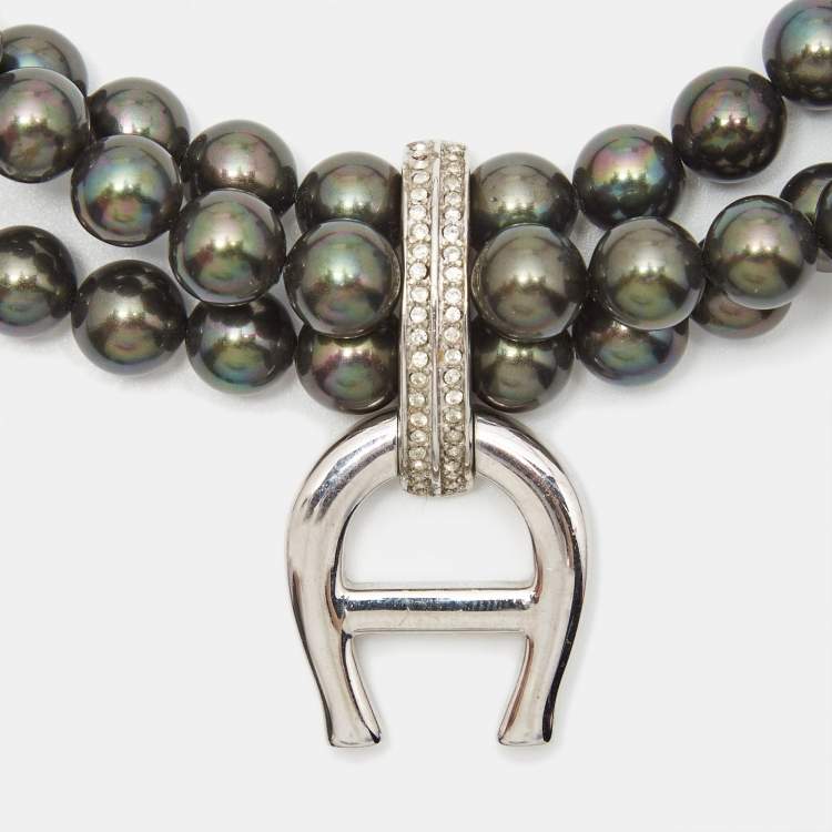Pre Owned Aigner Logo Crystals Black Faux Pearls Silver Tone  Multistrand Necklace