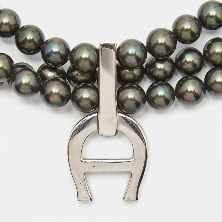 Pre Owned Aigner Logo Crystals Black Faux Pearls Silver Tone  Multistrand Necklace