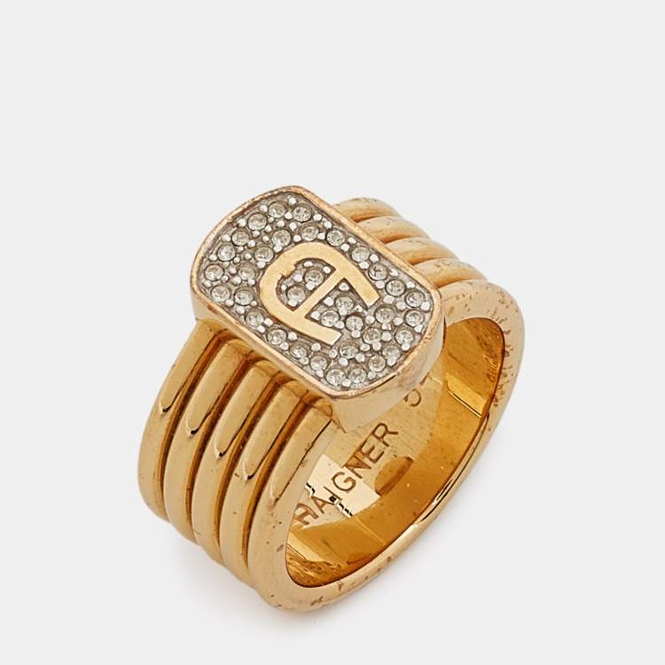 Pre Owned Aigner Gold Tone Crystal Logo Band Ring Size 54