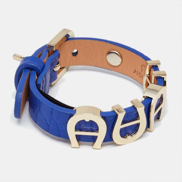 Pre Owned Aigner Blue Leather Gold Tone Logo Wrap Bracelet