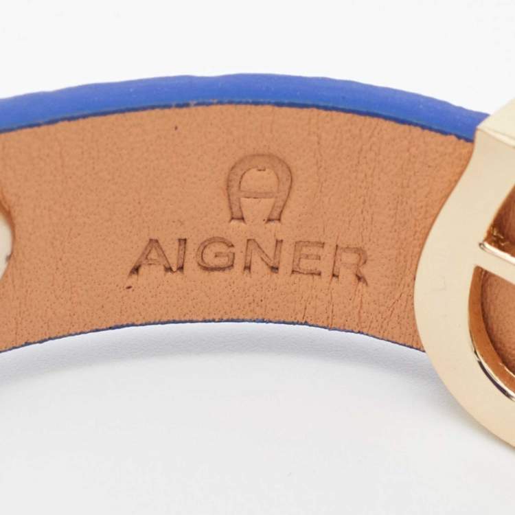Pre Owned Aigner Blue Leather Gold Tone Logo Wrap Bracelet