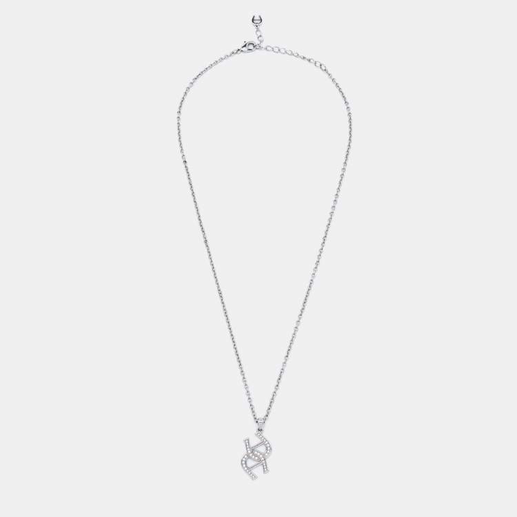 Pre Owned Aigner Logo Crystals Silver Tone Necklace