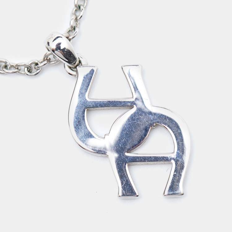 Pre Owned Aigner Logo Crystals Silver Tone Necklace
