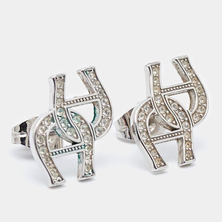 Pre Owned Aigner Logo Crystal Embellished Silver Tone Earrings
