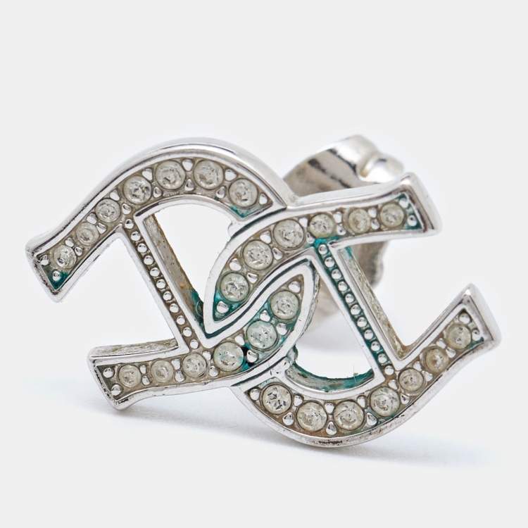 Pre Owned Aigner Logo Crystal Embellished Silver Tone Earrings