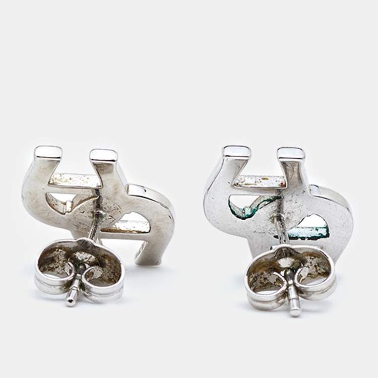 Pre Owned Aigner Logo Crystal Embellished Silver Tone Earrings