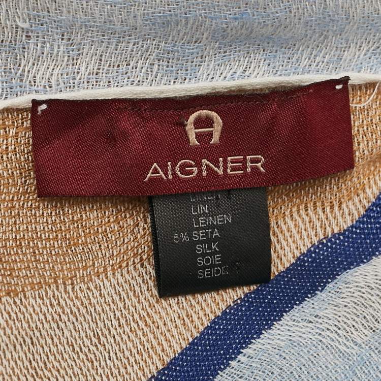 Pre Owned Aigner Blue Patterned Linen Blend Stole