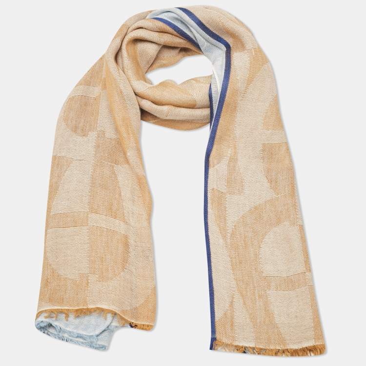 Pre Owned Aigner Blue Patterned Linen Blend Stole