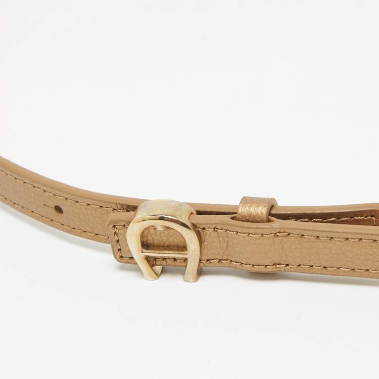 Pre Owned Aigner Gold Leather Logo Buckle Slim Belt 100CM