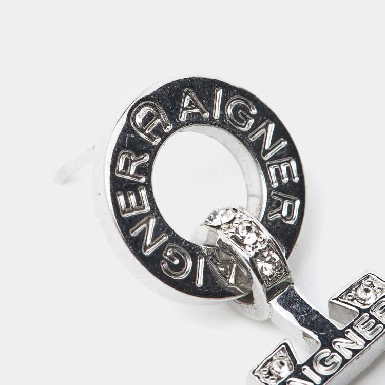 Pre Owned Aigner Logo Crystals Silver Tone Earrings