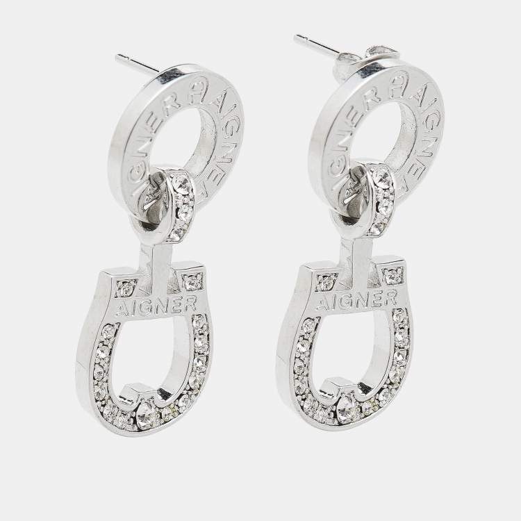 Pre Owned Aigner Logo Crystals Silver Tone Earrings