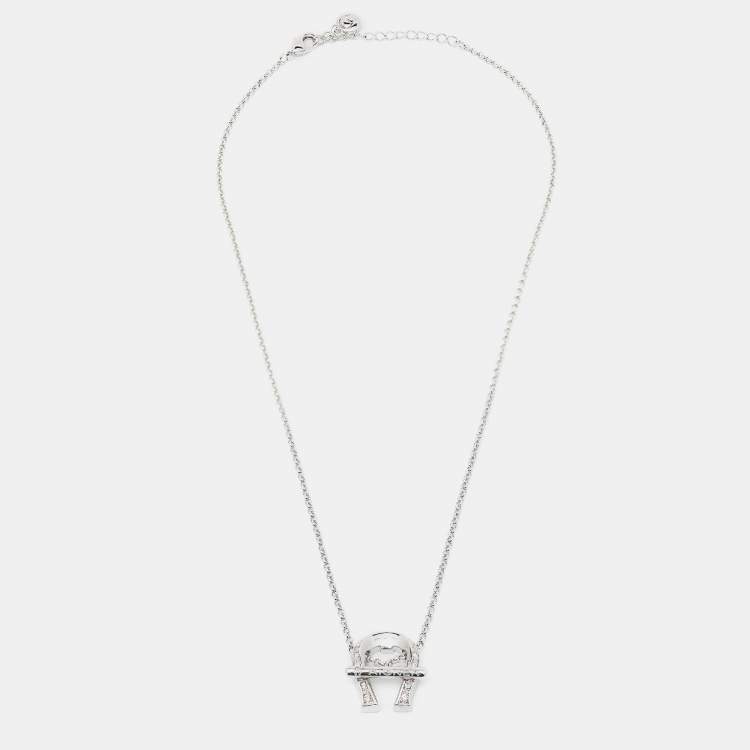 Pre Owned Aigner Logo Crystal Silver Tone Necklace