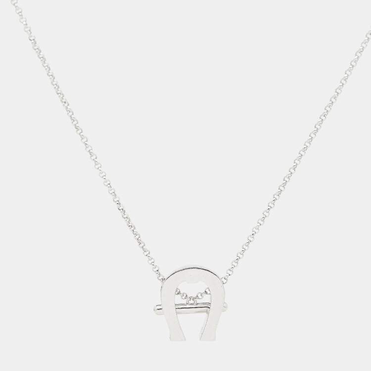 Pre Owned Aigner Logo Crystal Silver Tone Necklace