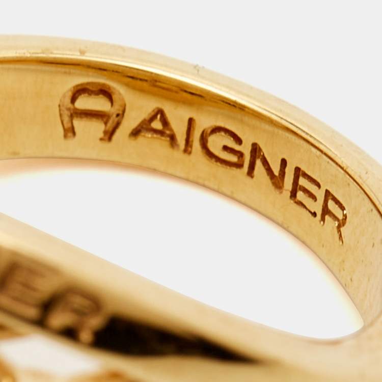 Pre Owned Aigner Crystals Gold Tone Ring Size 56