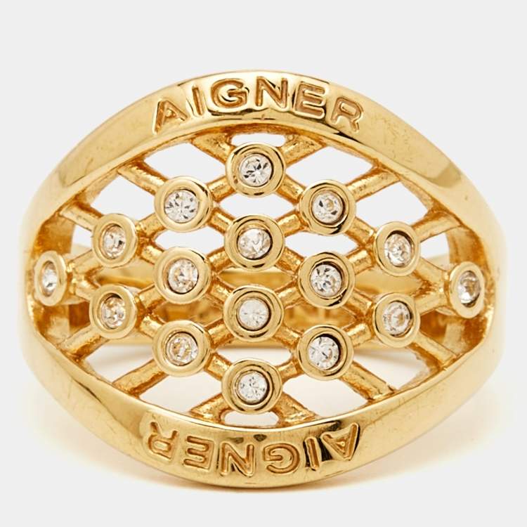 Pre Owned Aigner Crystals Gold Tone Ring Size 56