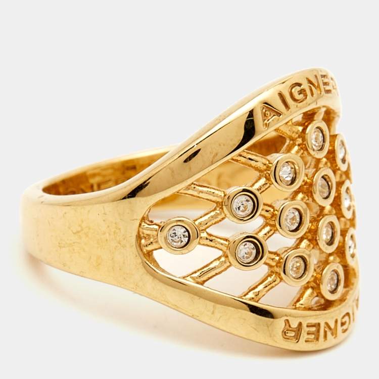 Pre Owned Aigner Crystals Gold Tone Ring Size 56