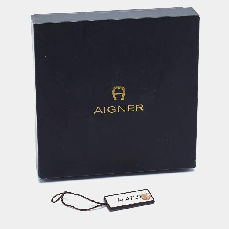Pre Owned Aigner Logo Faux Pearl Crystal Gold Tone Necklace