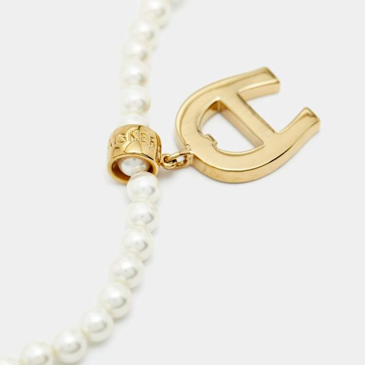 Pre Owned Aigner Logo Faux Pearl Crystal Gold Tone Necklace